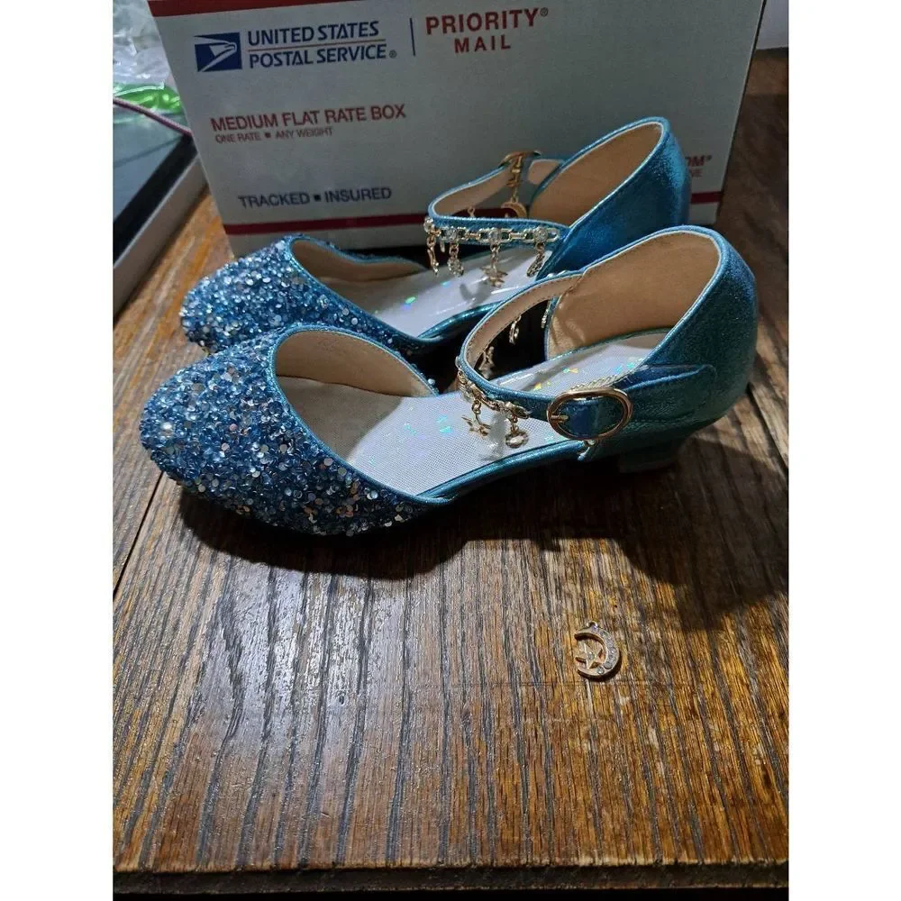 New Girl Sz 5 Furdeour Sequin Blue Glitter Bow Princess Flower Girl Dress Shoes